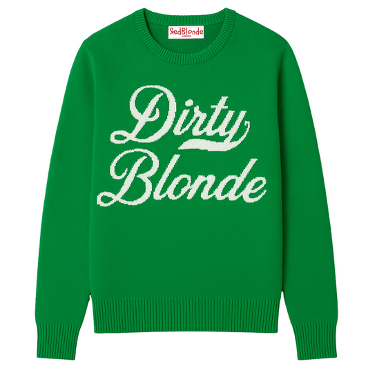 Emerald Green cashmere jumper with ‘Dirty Blonde’ knitted across the chest in white milkstore retro font