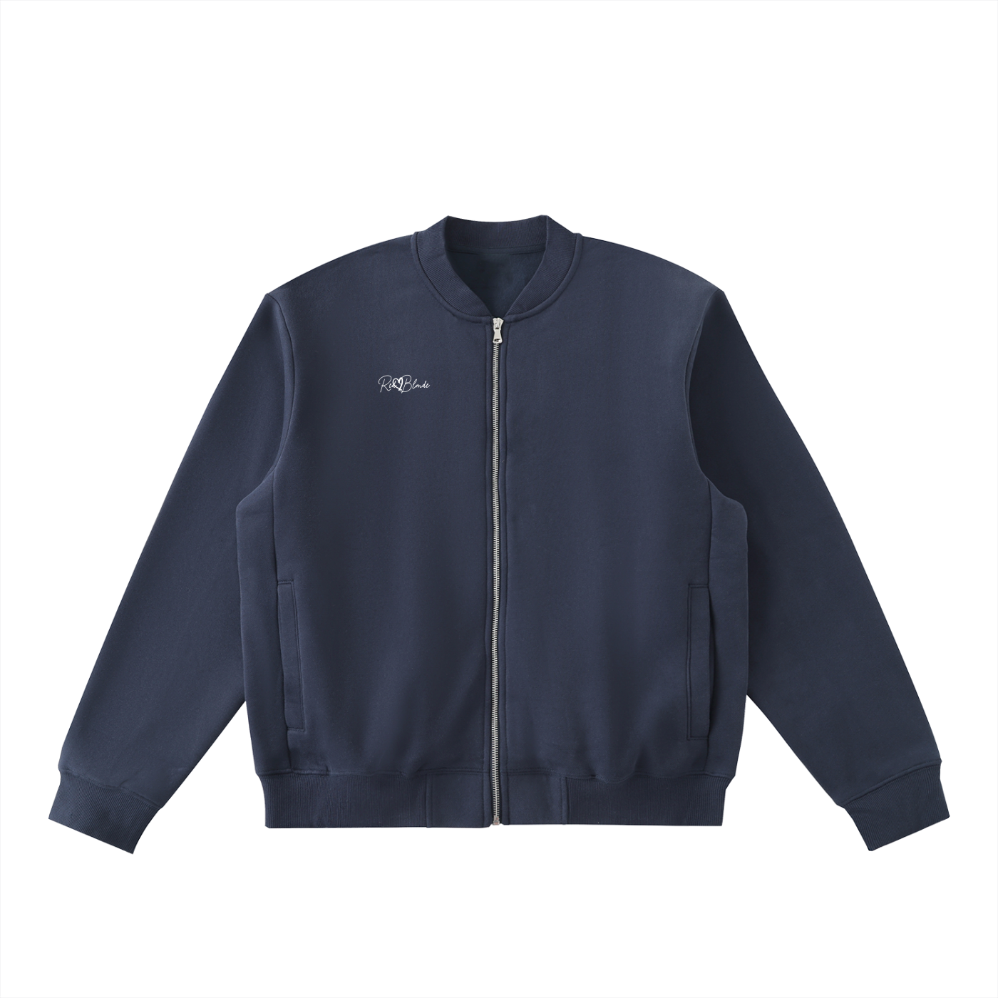 Front view of Navy sweatshirt zip-up jacket with small RedBlonde signature logo. The sweatshirt jacket has a relaxed fit with long sleeves and ribbed cuffs and hem.