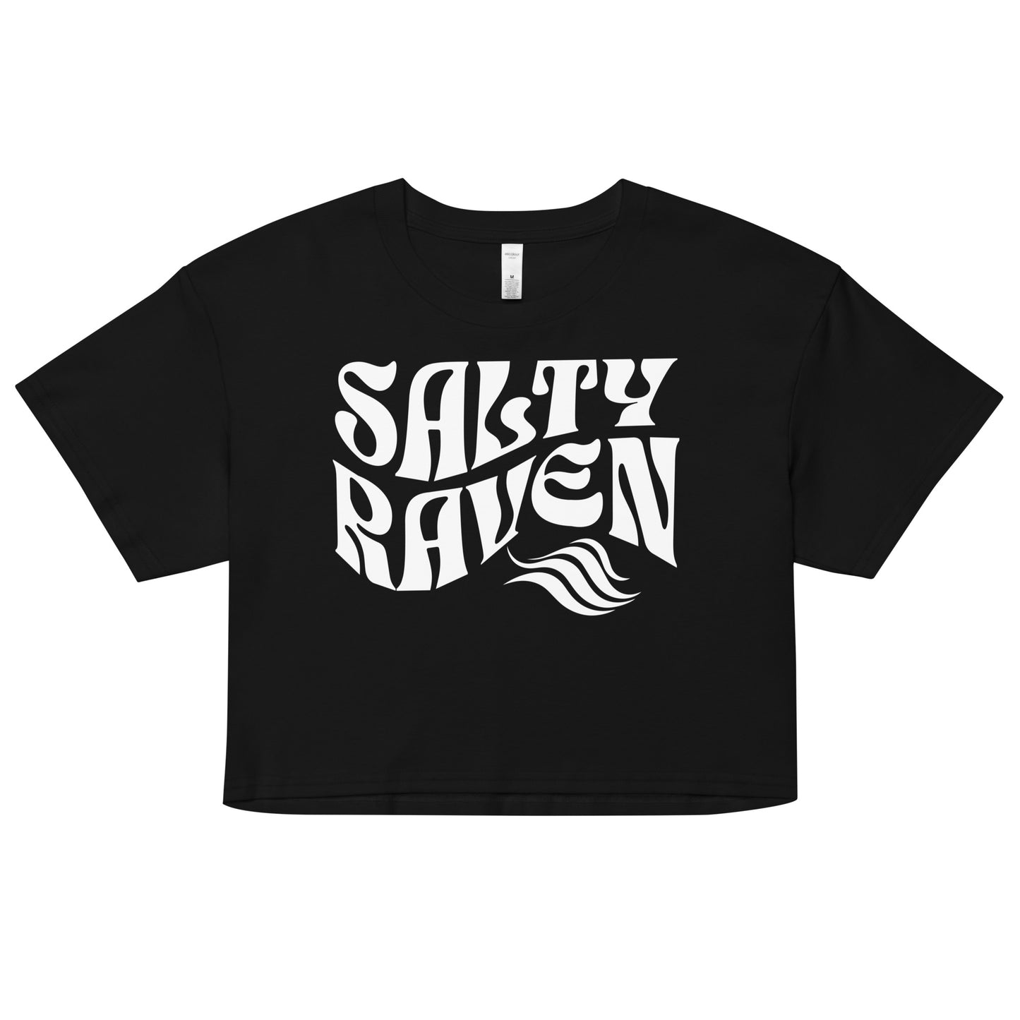Flatlay of a black loose crop top t-shirt with the words ‘Salty Raven’ in white retro 70s wavy font