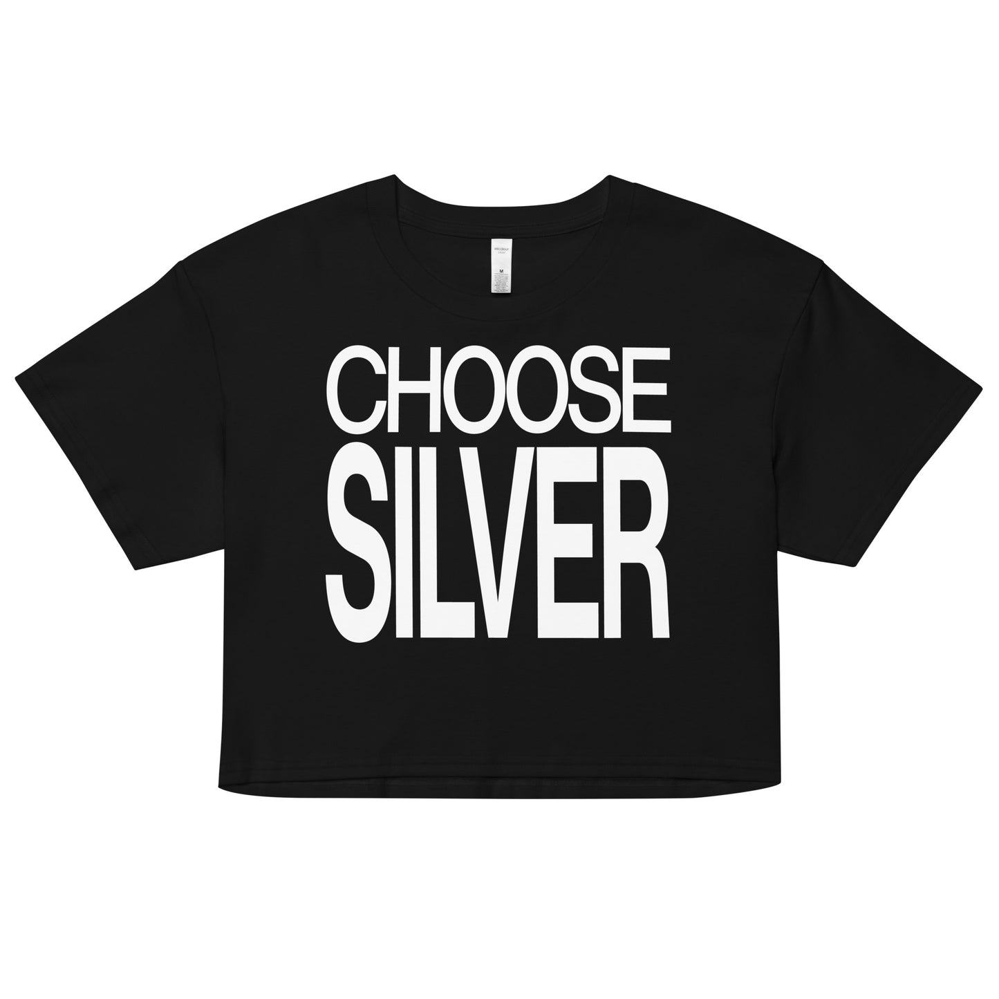 Flatlay of a black women's crop top graphic t-shirt with “CHOOSE SILVER” in white Helvetica Now font emblazoned on the front.