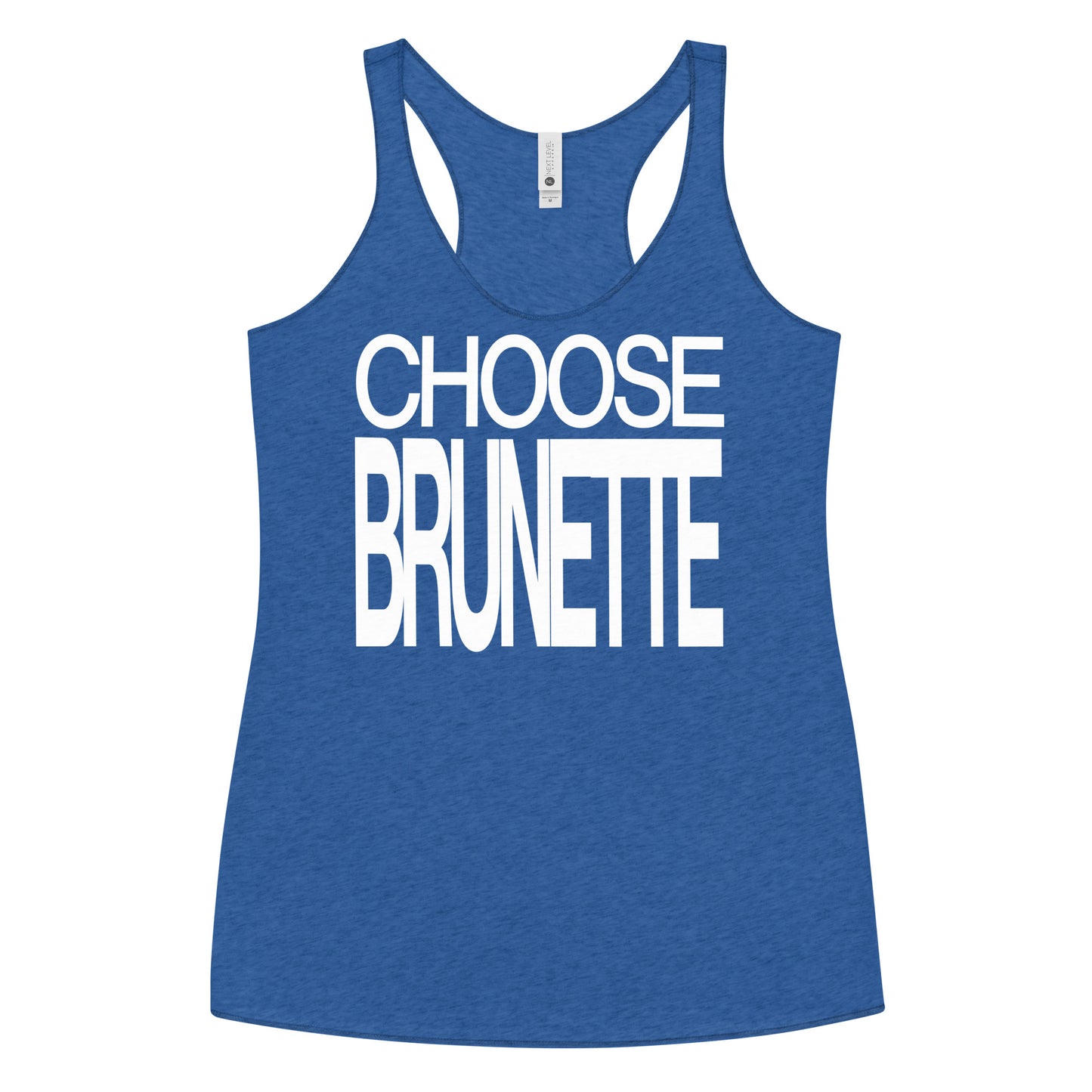 Flatlay of a blue racerback tank top with “Choose Brunette” in white Helvetica Now font emblazoned on the front. Branded RedBlonde on back