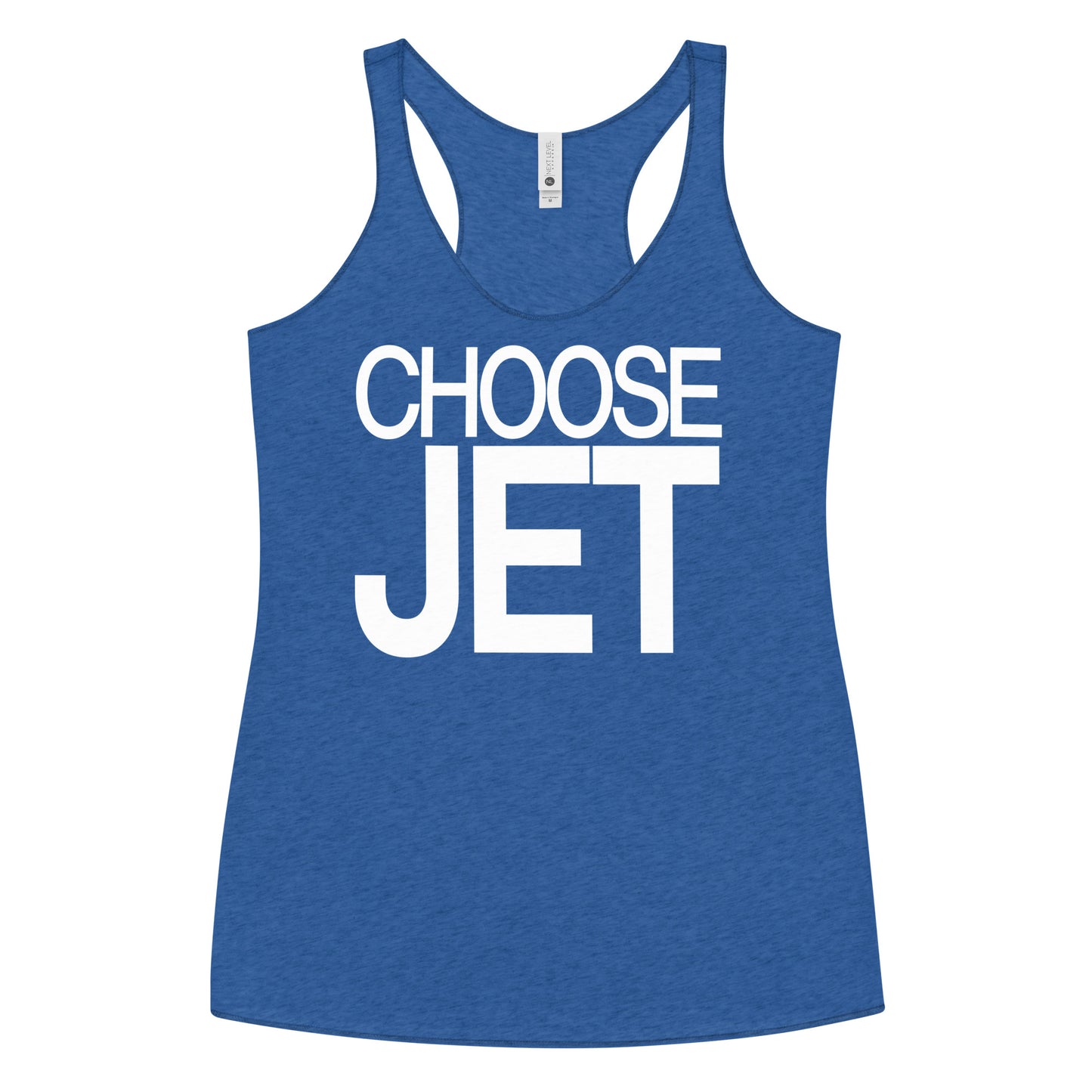 Flatlay of a blue racerback tank top with “Choose Jet” in white Helvetica Now font emblazoned on the front. Branded RedBlonde on back