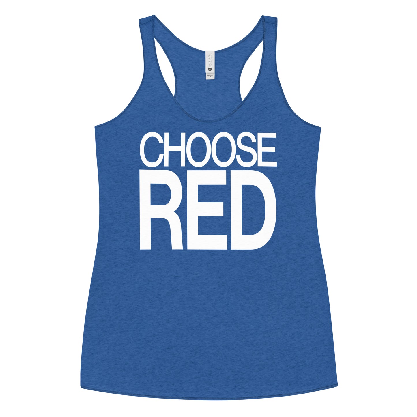 Flatlay of a blue racerback tank top with “Choose Red” in white Helvetica Now font emblazoned on the front. Branded RedBlonde on back