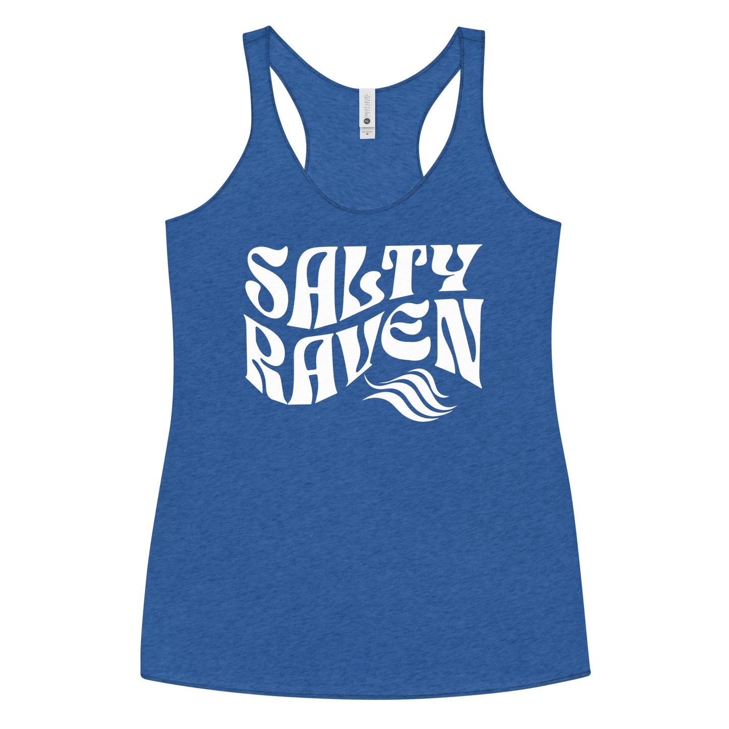 Flatlay of a blue soft racerback tank t-shirt with 'Salty Raven' play on words slogan in white retro wavy 70s font. Branded RedBlonde London on reverse
