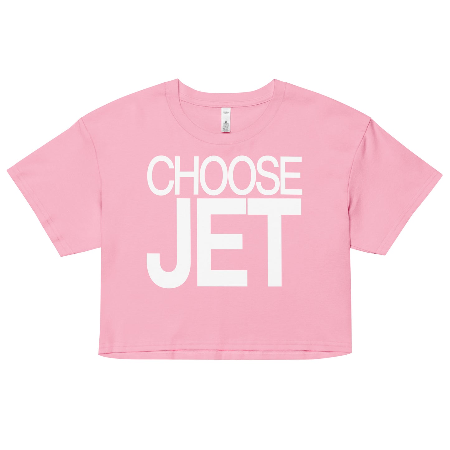 Flatlay of a pink women's crop top graphic t-shirt with “CHOOSE JET” in white Helvetica Now font emblazoned on the front.