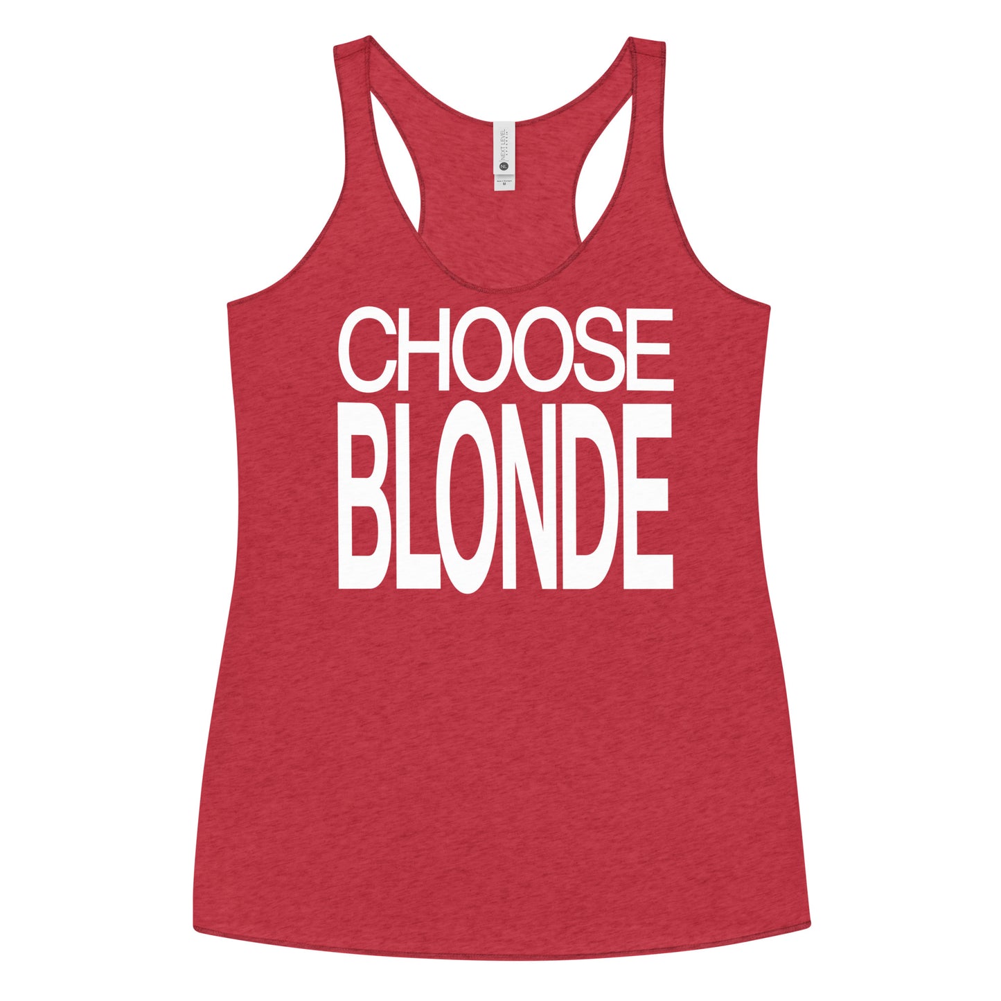 Flatlay of a red racerback tank top with “Choose Blonde” in white Helvetica Now font emblazoned on the front. Branded RedBlonde on back