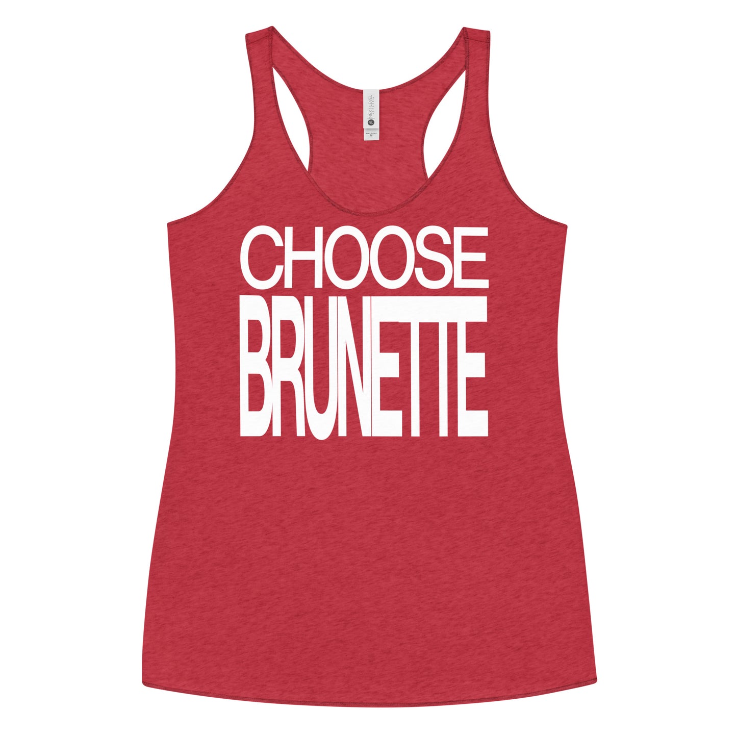 Flatlay of a red racerback tank top with “Choose Brunette” in white Helvetica Now font emblazoned on the front. Branded RedBlonde on back