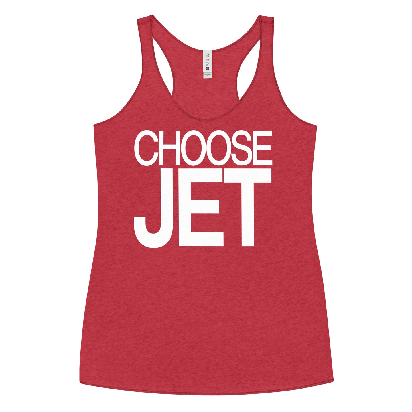 Flatlay of a red racerback tank top with “Choose Jet” in white Helvetica Now font emblazoned on the front. Branded RedBlonde on back