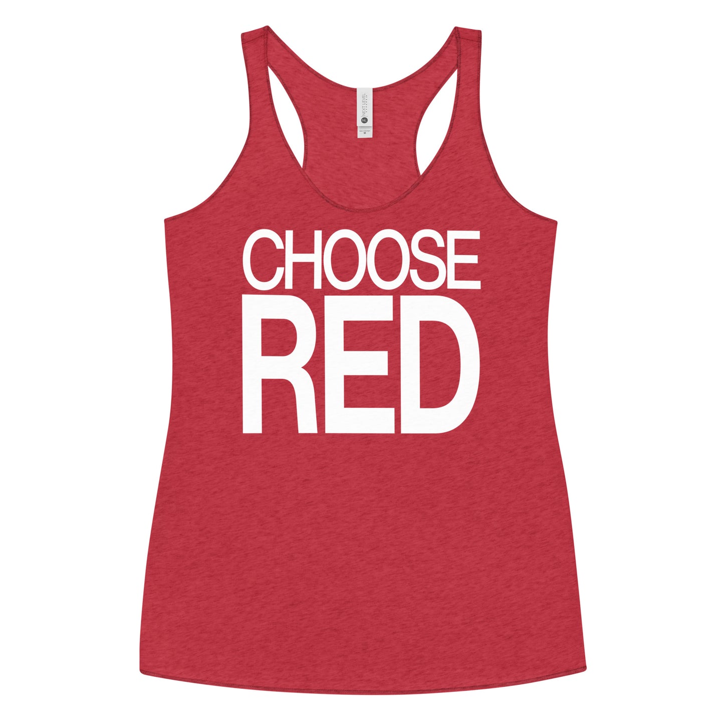 Flatlay of a red racerback tank top with “Choose Red” in white Helvetica Now font emblazoned on the front. Branded RedBlonde on back