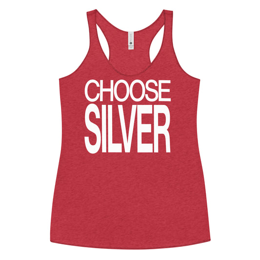 Flatlay of a red racerback tank top with “Choose Silver” in white Helvetica Now font emblazoned on the front. Branded RedBlonde on back