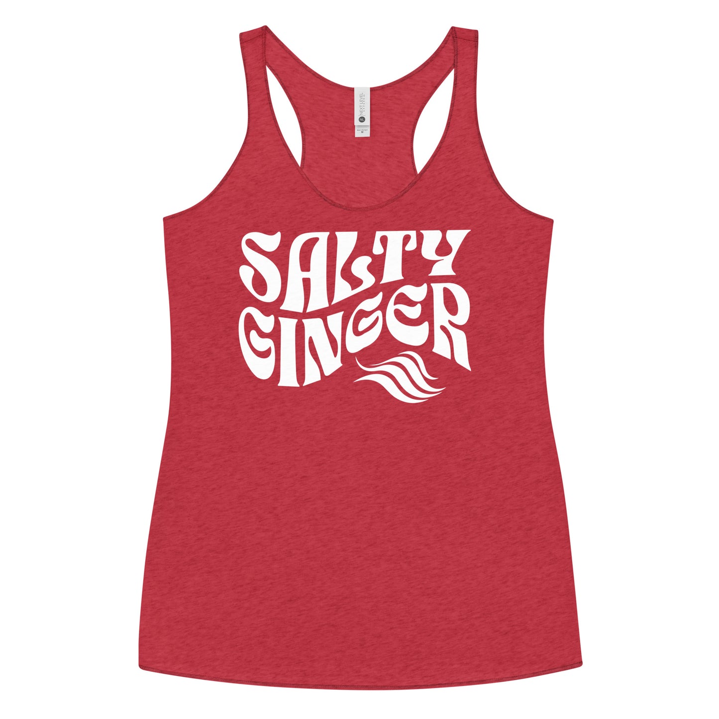 Flatlay of a vintage red soft racerback tank t-shirt with 'Salty Ginger' play on words slogan in white Solino display retro 70s font. Branded RedBlonde London on reverse