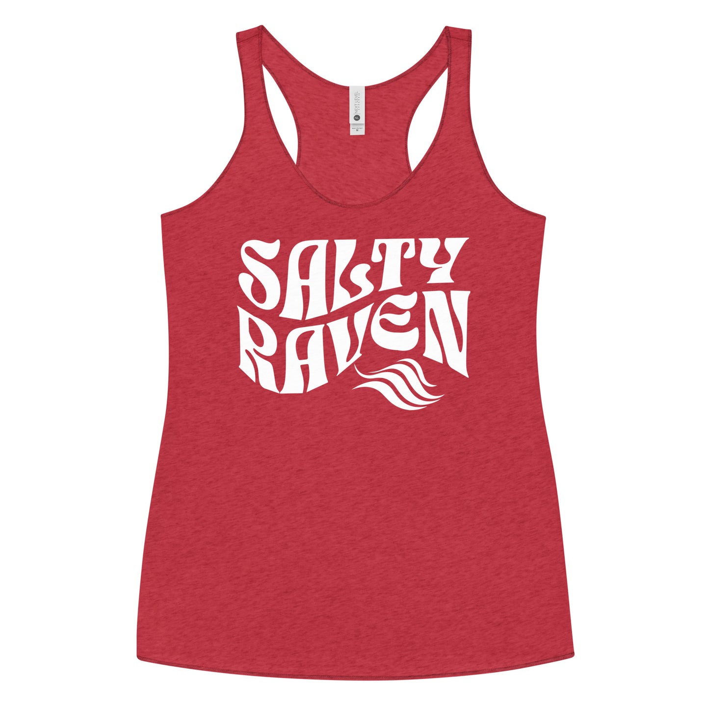 Flatlay of a red soft racerback tank t-shirt with 'Salty Raven' play on words slogan in white retro wavy 70s font. Branded RedBlonde London on revers