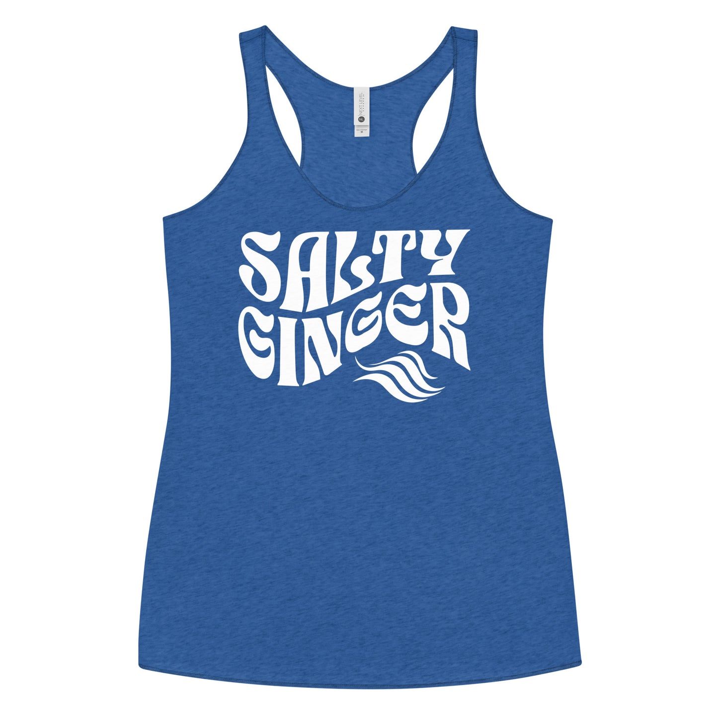 Flatlay of a royal blue soft racerback tank t-shirt with 'Salty Ginger' play on words slogan in white Solino display retro 70s font. Branded RedBlonde London on reverse