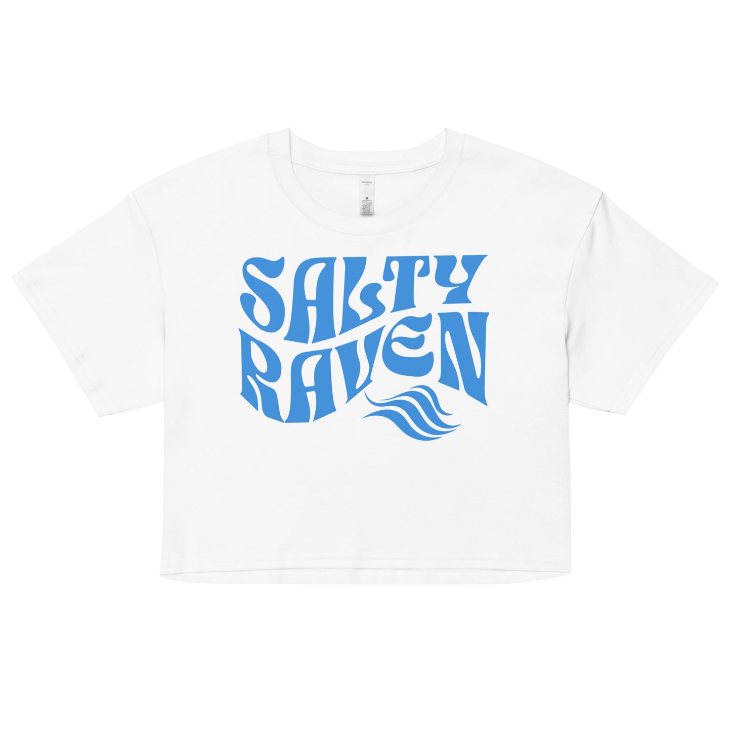 Flatlay of a white loose crop top t-shirt with the words ‘Salty Raven’ in blue retro 70s wavy font