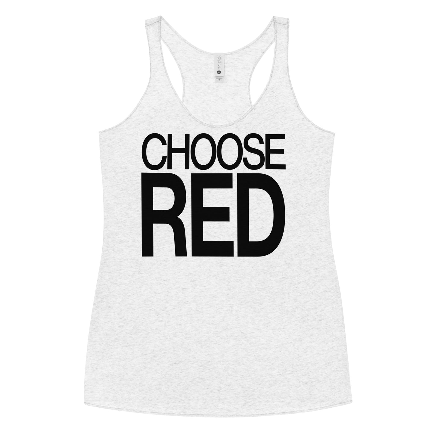 Flatlay of a white racerback tank top with “Choose Red” in black Helvetica Now font emblazoned on the front. Branded RedBlonde on back