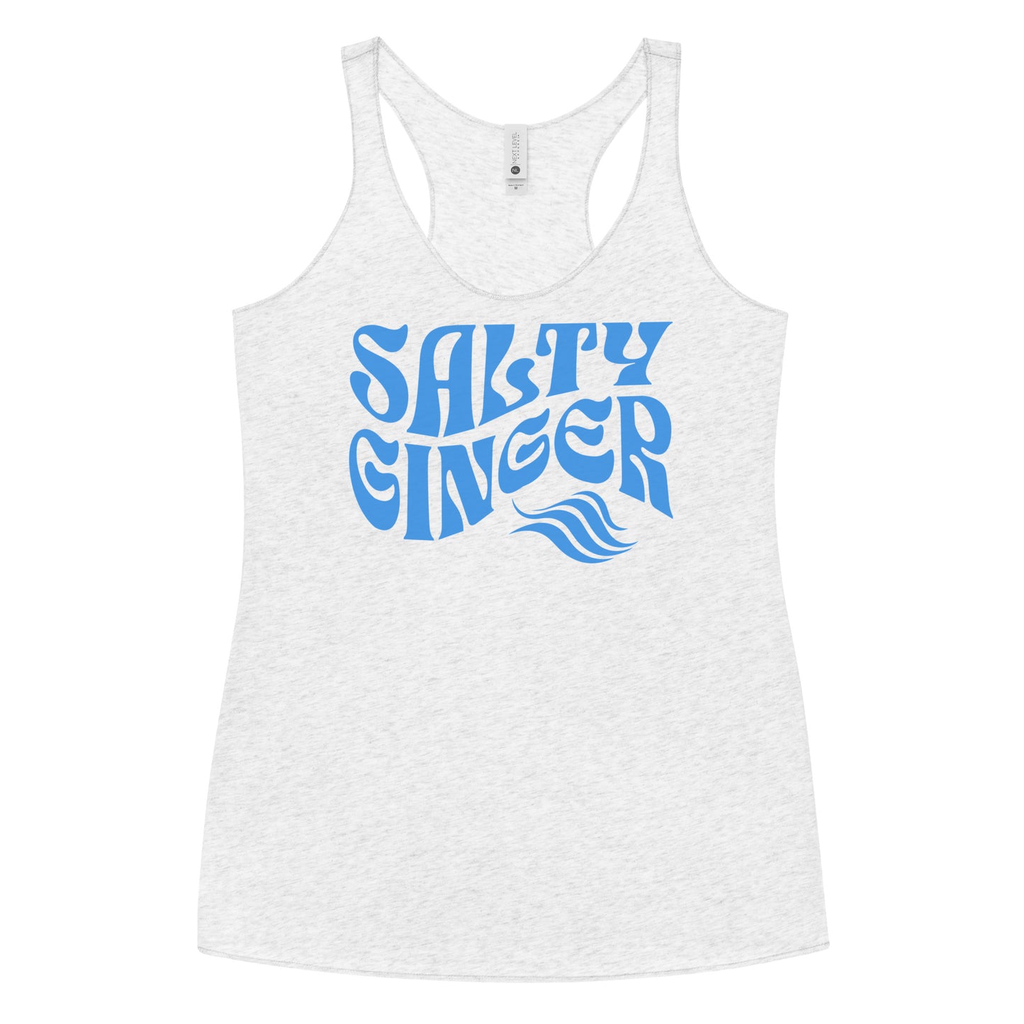 Flatlay of a white soft racerback tank t-shirt with 'Salty Ginger' play on words slogan in blue retro 70s font. Branded RedBlonde London on reverse