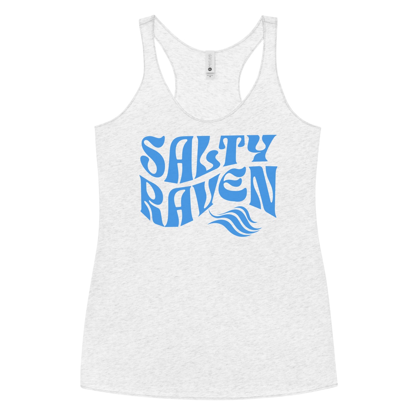Flatlay of a white soft racerback tank t-shirt with 'Salty Raven' play on words slogan in blue retro wavy 70s font. Branded RedBlonde London on reverse