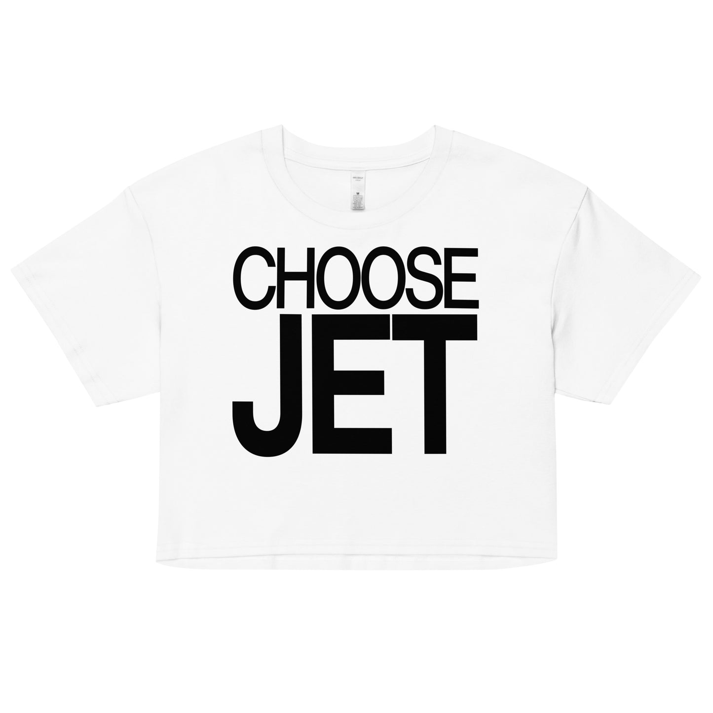 Flatlay of a white women's crop top graphic t-shirt with “CHOOSE JET” in black Helvetica Now font emblazoned on the front.