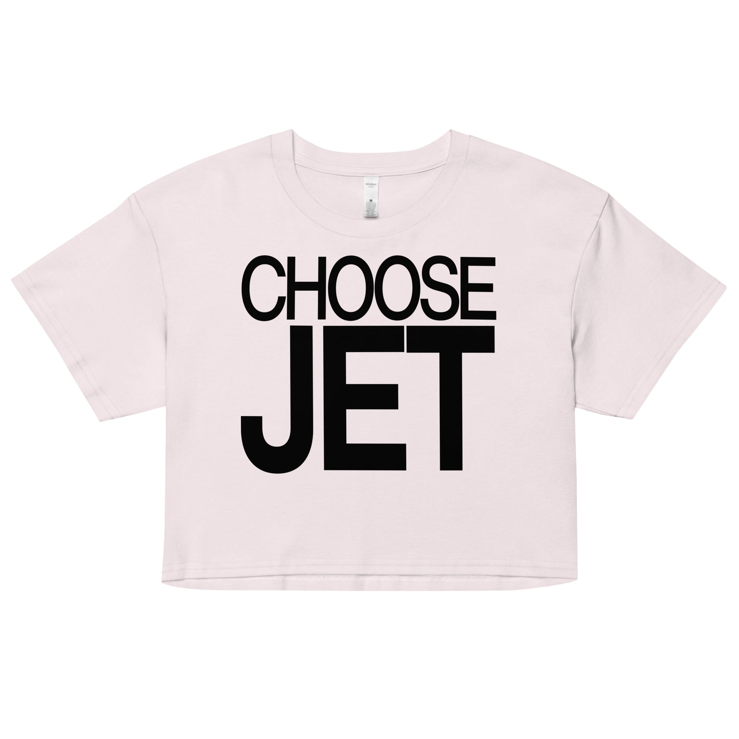 Flatlay of an orchid women's crop top graphic t-shirt with “CHOOSE JET” in white Helvetica Now font emblazoned on the front.