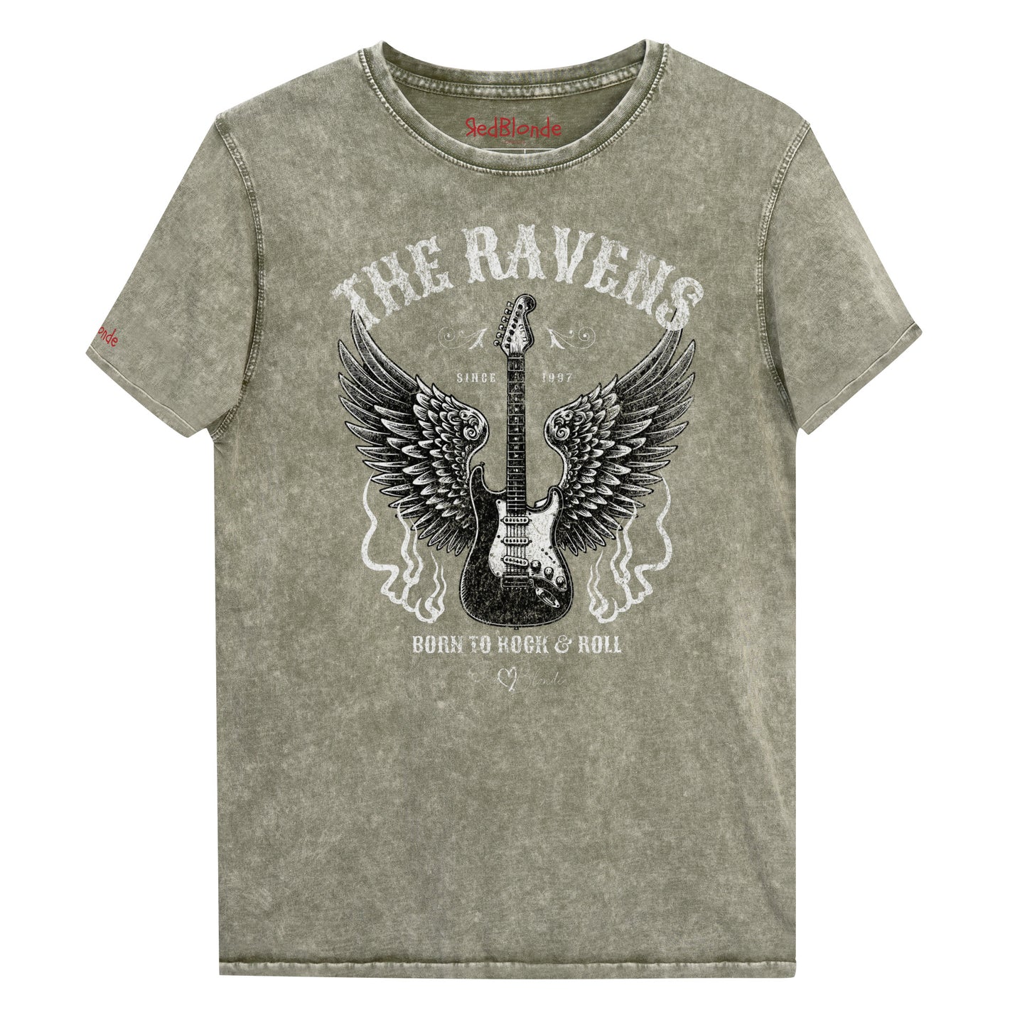Flatlay of army green denim wash unisex t-shirt with a graphic of a black & white guitar with raven bird wings emerging from the side. The graphic features ‘THE RAVENS’ in Sancreek font in a semicircle above the guitar, while ‘BORN TO ROCK & ROLL’ is underneath. Branded RedBlonde London in inside neck and right sleeve