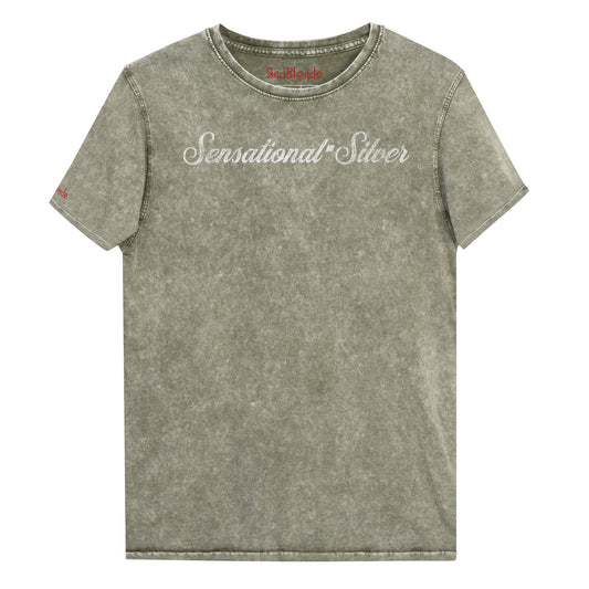 Flatlay of army green denim wash vintage unisex relaxed fit slogan t-shirt with 'Sensational Silver' in milkshake script white font. Branded RedBlonde in red on inside neck and right sleeve