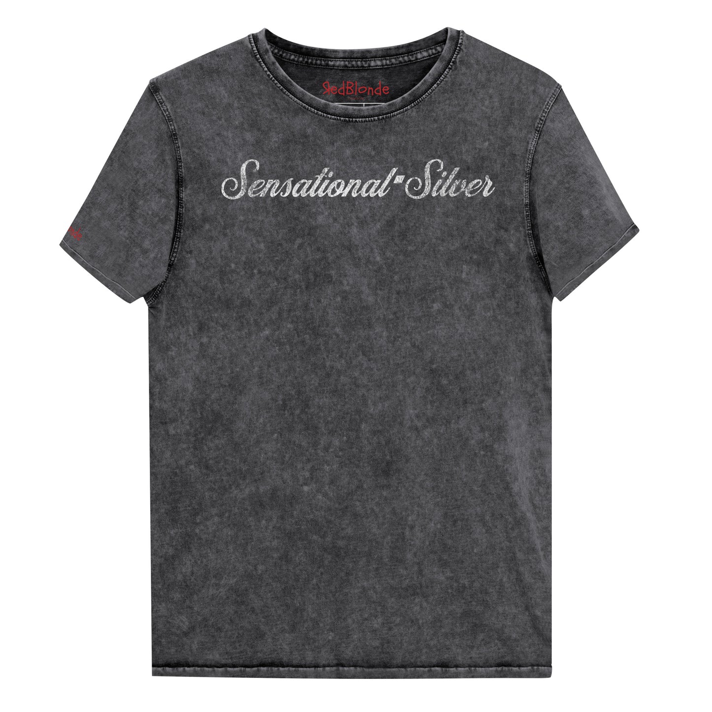 Flatlay of black denim wash vintage unisex relaxed fit slogan t-shirt with 'Sensational Silver' in milkshake script white font. Branded RedBlonde in red on inside neck and right sleeve