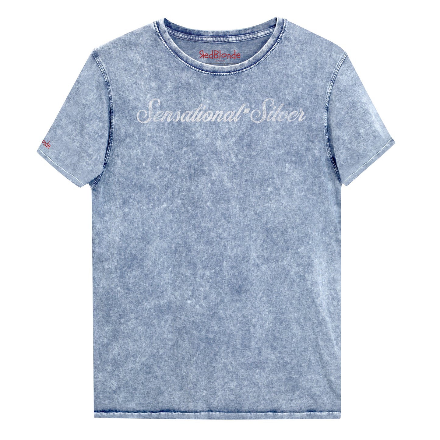 Flatlay of blue denim wash vintage unisex relaxed fit slogan t-shirt with 'Sensational Silver' in milkshake script white font. Branded RedBlonde in red on inside neck and right sleeve