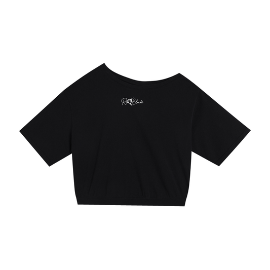 Front view of a Black asymmetric off-the-shoulder waist length t-shirt featuring the the RedBlonde signature logo. The relaxed, oversized fit and one-shoulder neckline give it a modern, effortless look.