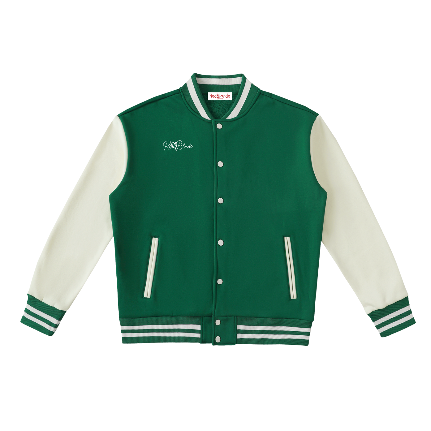 Front view of Green & White Varsity Jacket with RedBlonde Signature logo