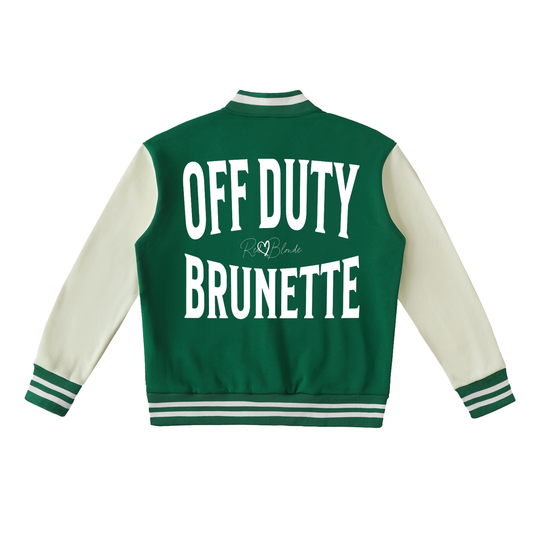 Green & white varsity-style jacket with cream sleeves and striped ribbed trims. The back features large white text reading “OFF DUTY BRUNETTE” in Brookfield font with a small RedBlonde signature logo in the centre between the words