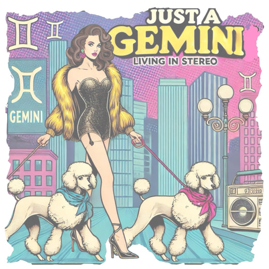 Retro pop-art Gemini graphic featuring a brunette woman, in a short catsuit and fur coat walking two poodle dogs with neck scarfs with a city backdrop and a gettoblaster ‘Just a Gemini, Living in Stereo'. Branded RedBlonde in red on inside neck and right shoulder