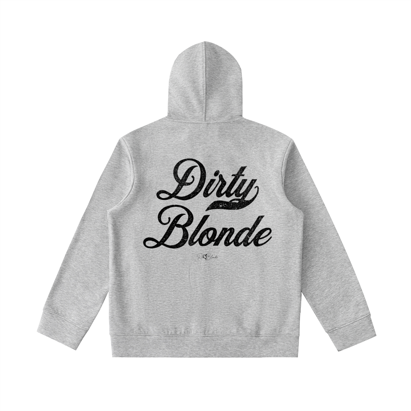 Back view of grey hoodie with bold white Milkstore vintage-style script text “Dirty Blonde” across the back and a subtle RedBlonde signature logo underneath.