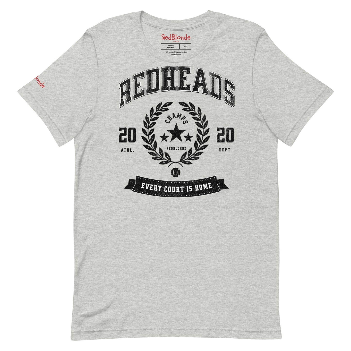 Grey unisex t-shirt with american college themed graphic featuring 'REDHEADS' in Tricot font with a laurel wreath and the words ' Champs RedBlonde' 2020 and 'every court is home' underneath. Branded RedBlonde in red on inside neck and right sleeve