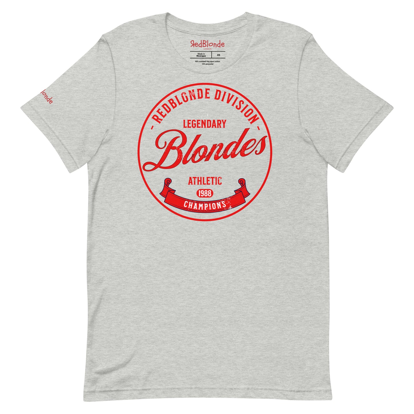 Grey unisex t-shirt with an american college inspired red circle graphic in red with the words 'REDBLONDE DIVISION, LEGENDARY Blondes. Athletic Champions 1988'. Branded RedBlonde in red on inside neck and right sleeve