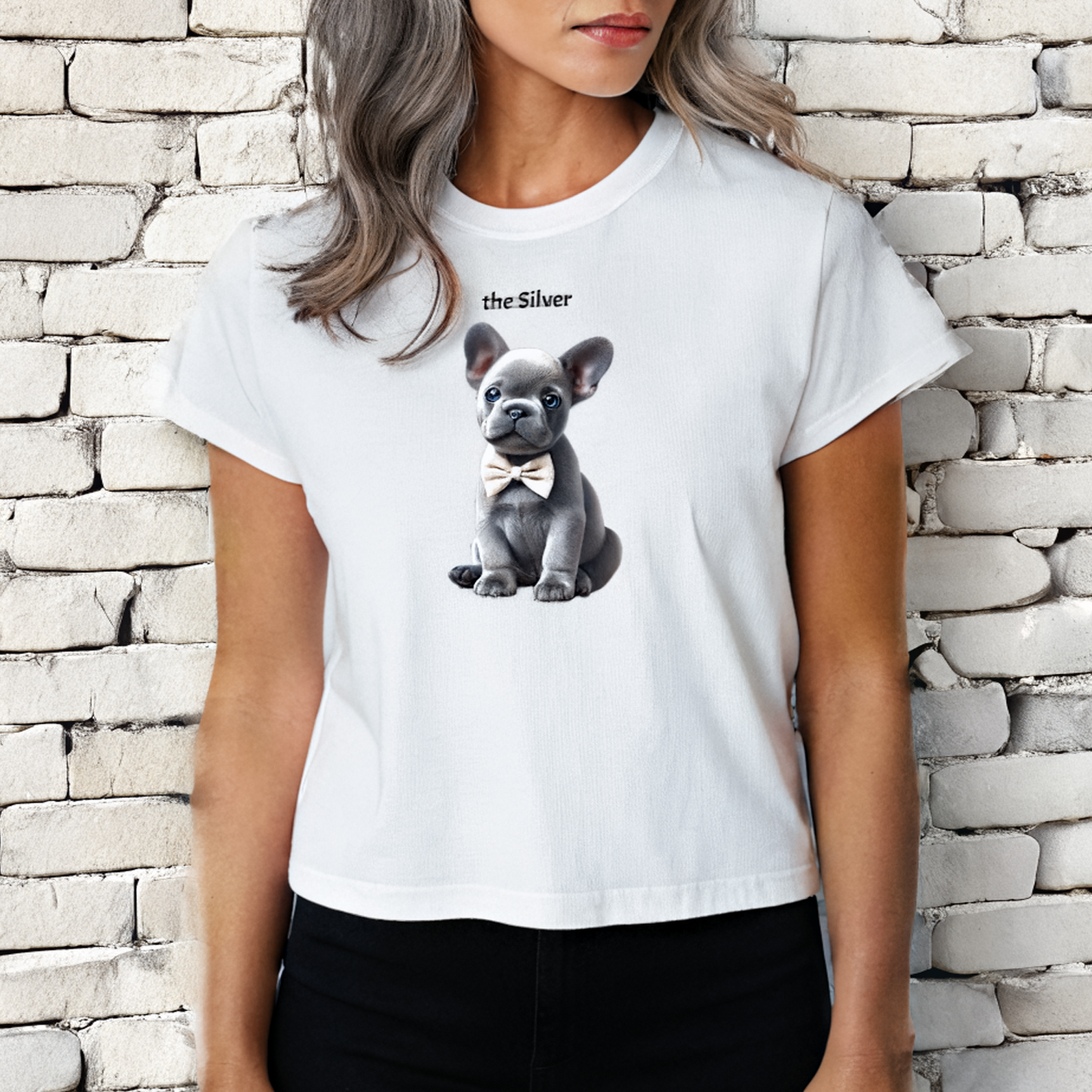 High waisted relaxed white t-shirt with cute graphic of silver puppy wearing a bow-tie and the words 'the Silver' linking to silver/grey hair of the model