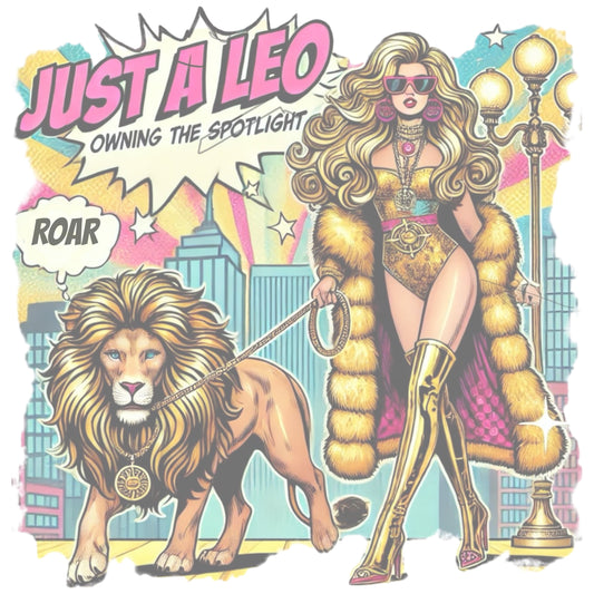 Pop art illustration of a glamorous blonde woman in a gold outfit and fur coat walking a majestic lion through a vibrant cityscape. The bold text reads 'Just a Leo – Owning the Spotlight' with comic-style speech bubbles and dramatic colors, symbolizing the confident and bold Leo zodiac sign.