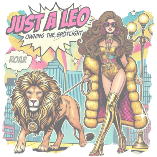 Retro pop-art brunette Leo graphic featuring a brunette woman in a gold swimsuit, gold over the knee boots, gold medallion and long fur coat, walking a lion on a leash wearing a gold medallion, with a caption bubble 'Roar', with a city and round bulb street lights in the background captioned ‘Just a Leo, Owning the Spotlight'