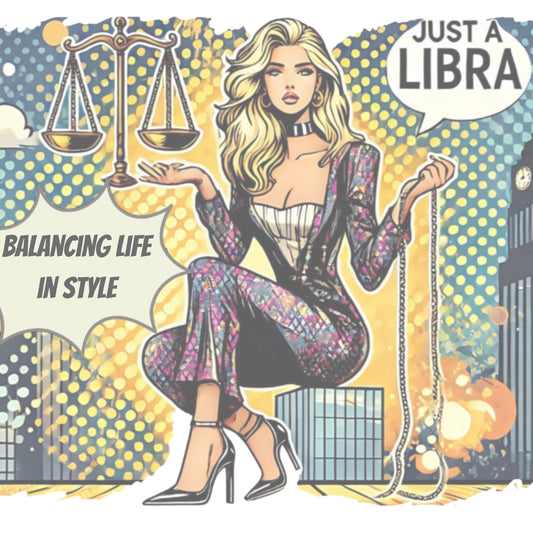 Retro pop-art Libra graphic featuring a blonde woman, scales, and a city backdrop, captioned ‘Just a Libra, Balancing Life if Style’. Branded RedBlonde on inside neck and right sleeve