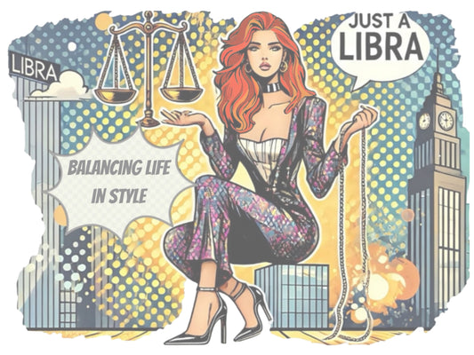 Libra graphic featuring a redhead woman, scales, and a city backdrop, captioned ‘Just a Libra, Balancing Life in Style’