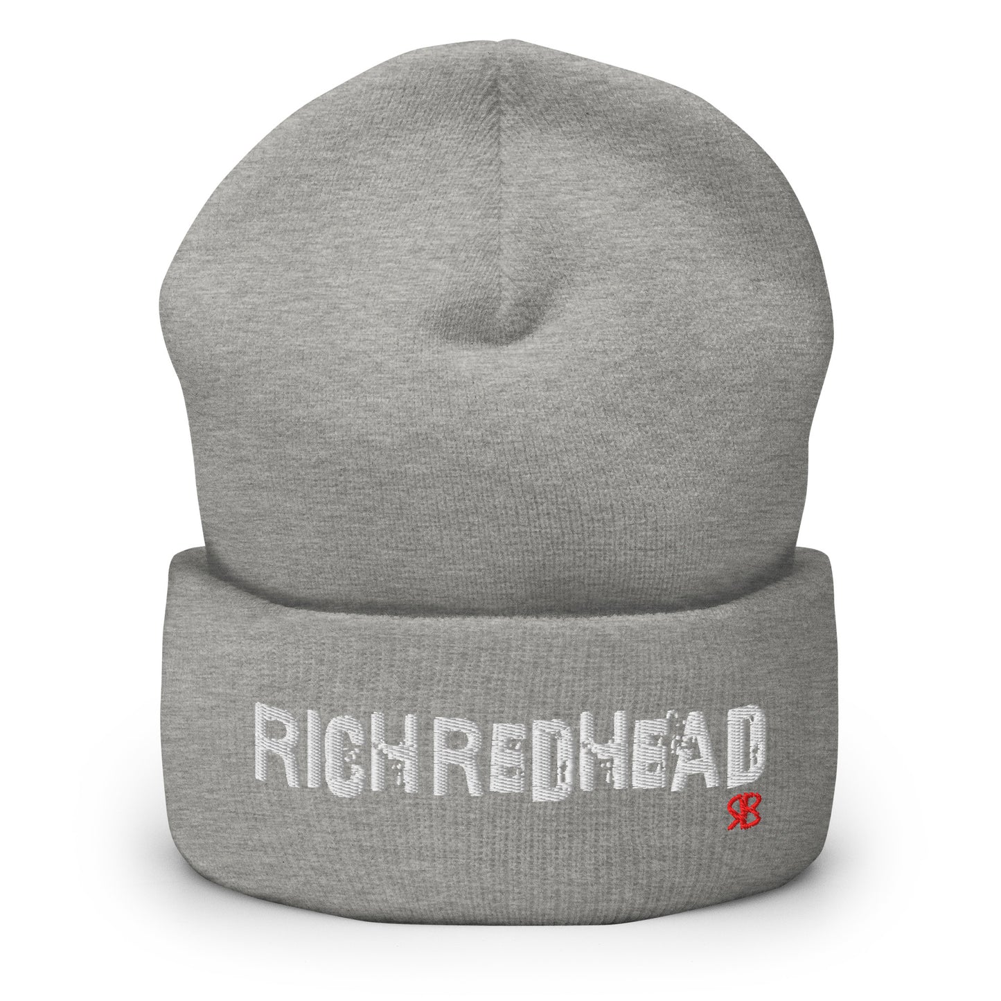 Light Grey cuffed beanie with the embroidered slogan “RICH REDHEAD” in bold white distressed-style lettering, featuring a small red “RB” RedBlonde logo on the right side of the fold. The beanie is shown upright against a clean white background.