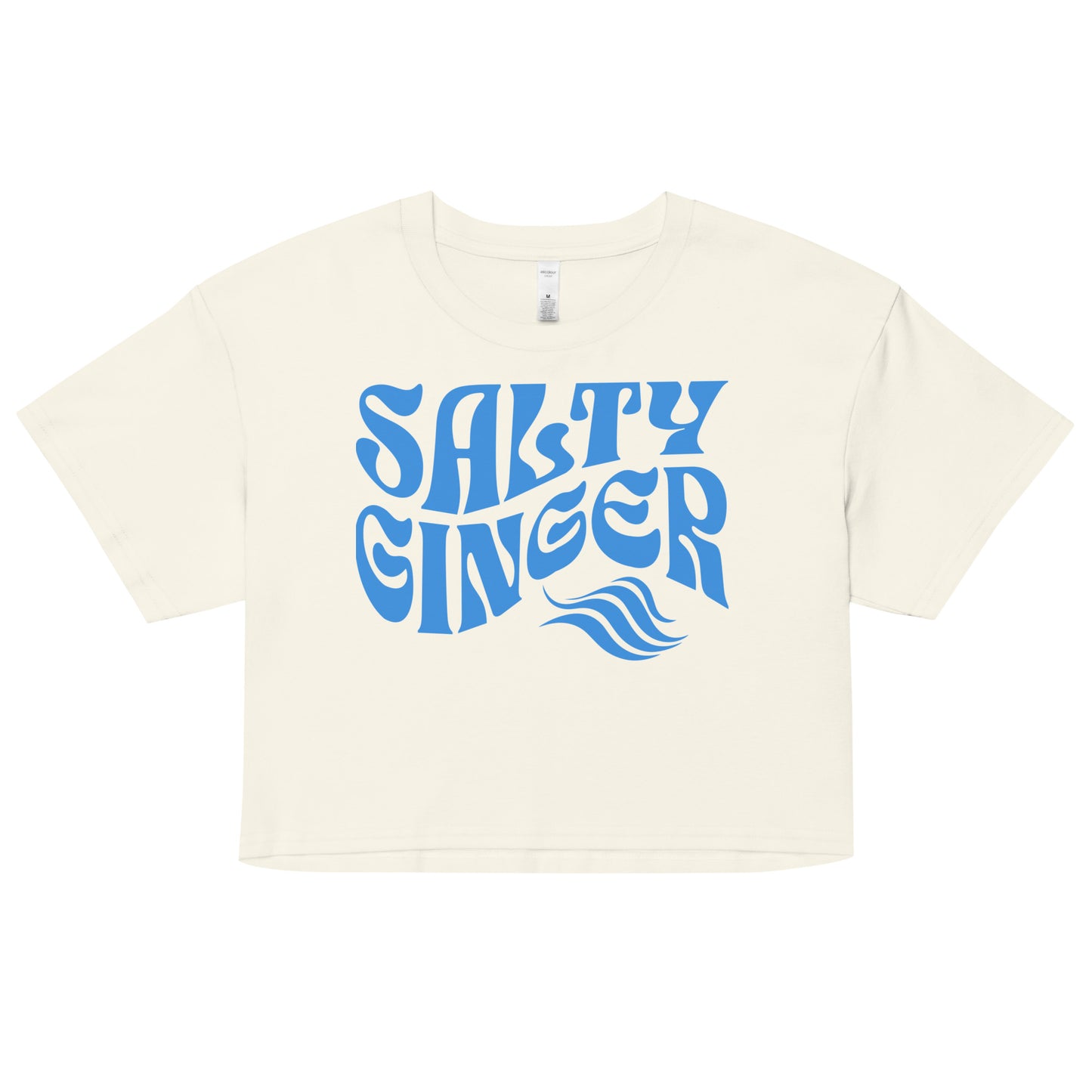 Natural loose women's crop top t-shirt with the words ‘Salty Ginger’ in blue solino display retro wavy 70s font