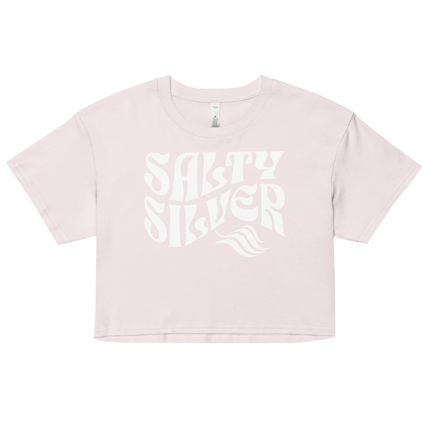 Orchid loose women's crop top t-shirt with the words ‘Salty Silver’ in white solino display retro wavy 70s font