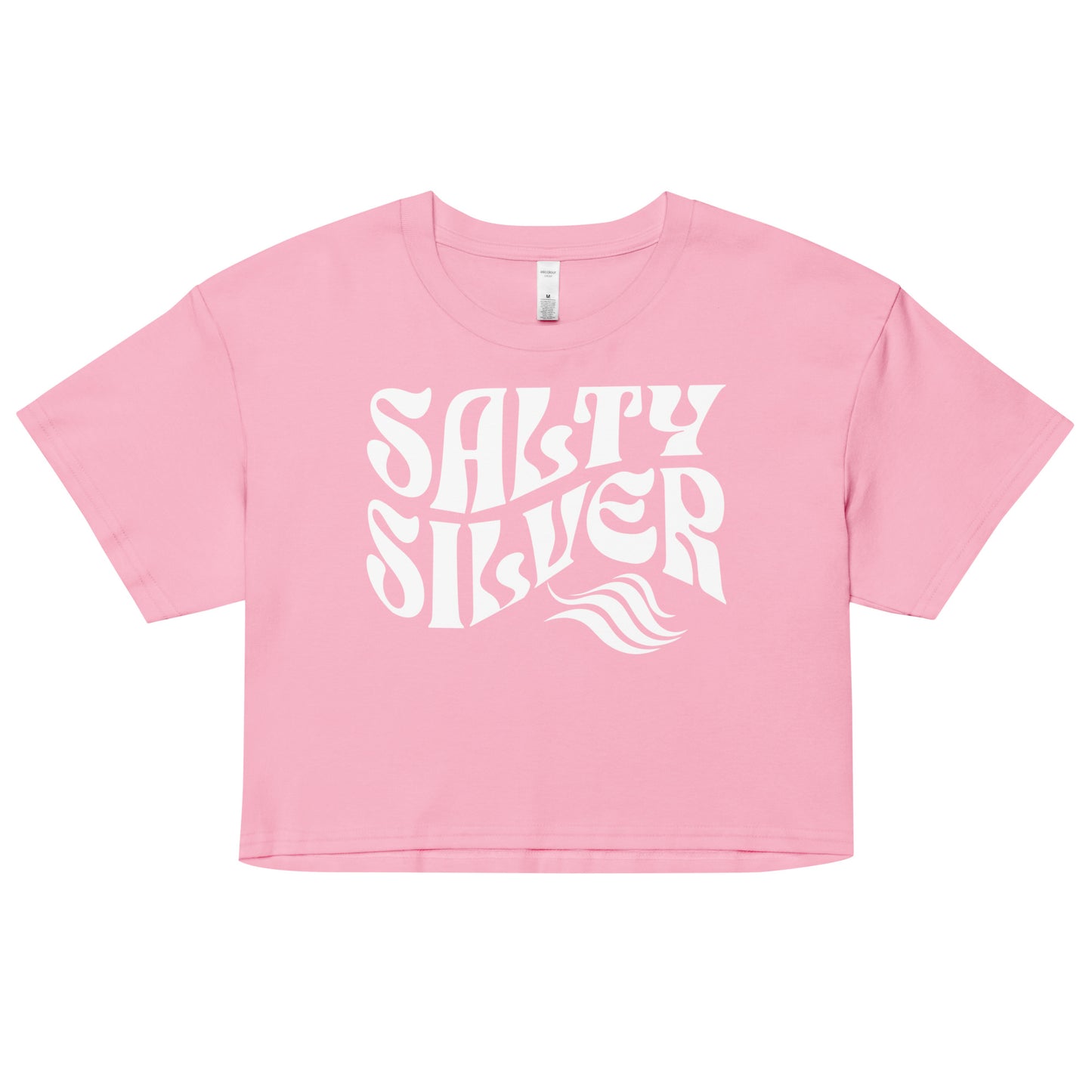 Pale Pink loose women's crop top t-shirt with the words ‘Salty Silver’ in white solino display retro wavy 70s font