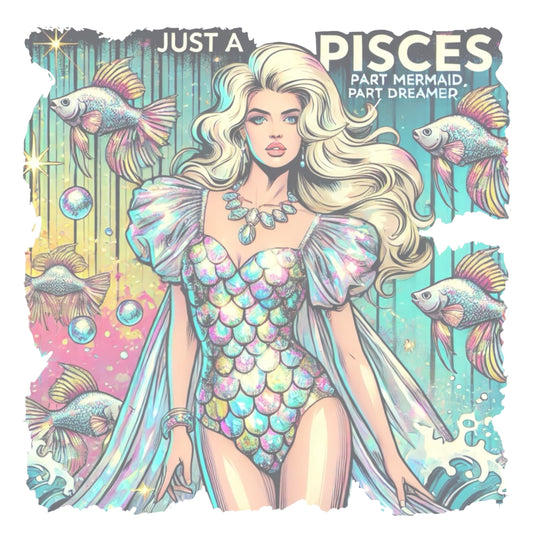 Pop art-style illustration of a blonde woman in a shimmering pink and silver outfit. She is surrounded by water elements and two stylised fish. She has long flowing hair and star-shaped earrings. A caption reads "Just a Pisces, part mermaid, part dreamer".