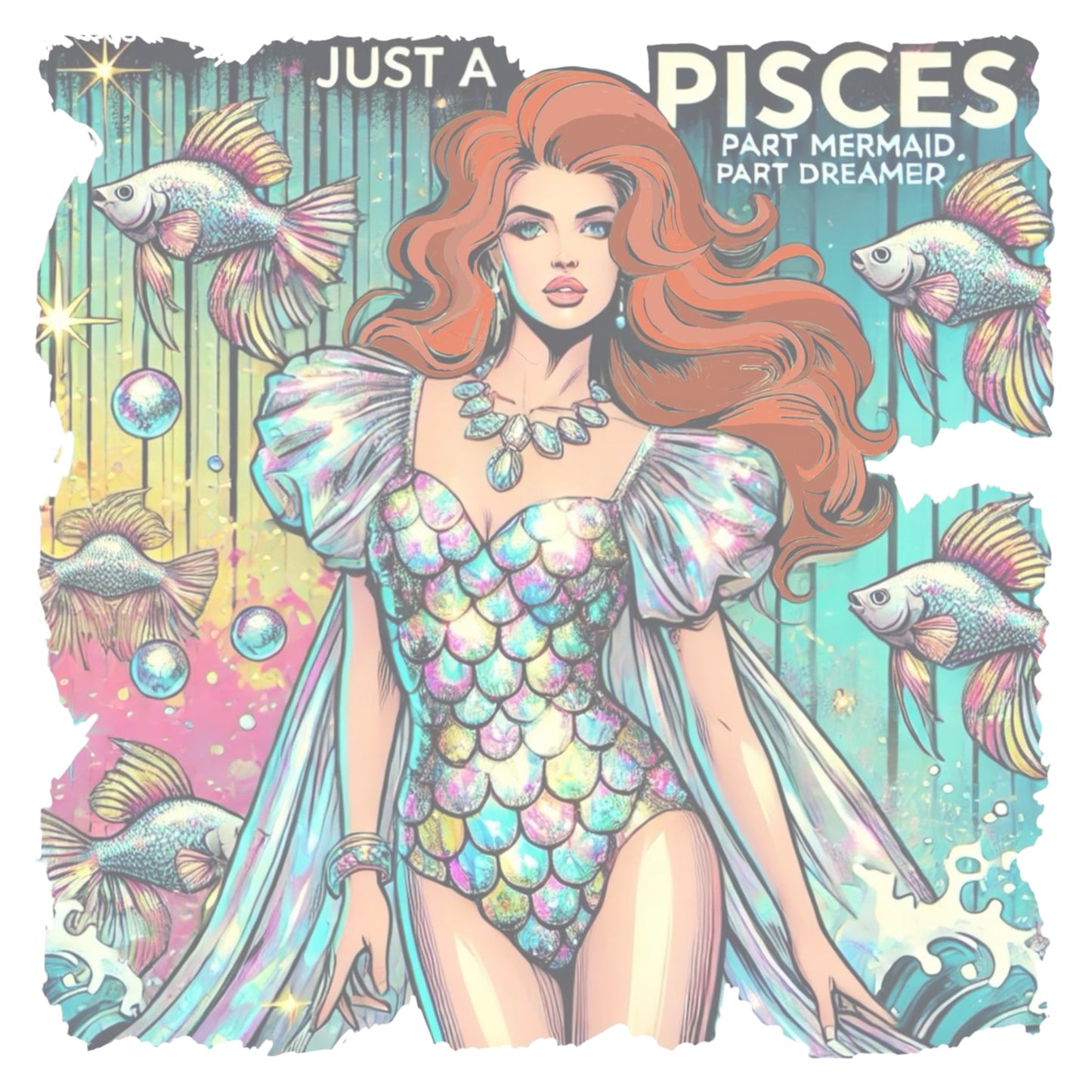 Retro pop-art redhead Pisces graphic featuring a redhead woman in a fish-scale dress, with fishes and bubbles backdrop, captioned ‘Just a Pisces, Part Mermaid, Part Dreamer'