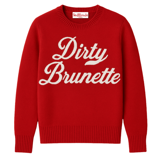 Red cashmere jumper with ‘Dirty Brunette’ knitted across the chest in white milkstore retro font