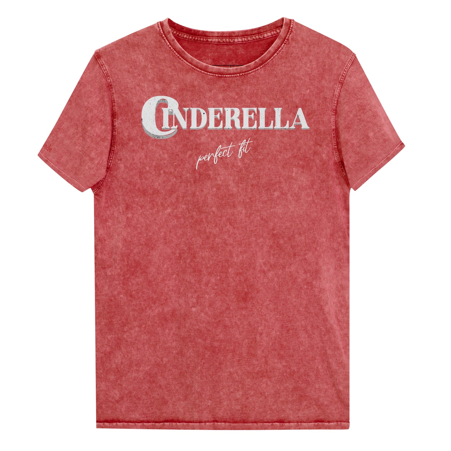 Red acid wash vintage look unisex t-shirt featuring white merger text that reads “Cinderella” with a decorative crescent moon incorporated into the letter C, and the phrase “perfect fit” written underneath in an elegant cursive script.
