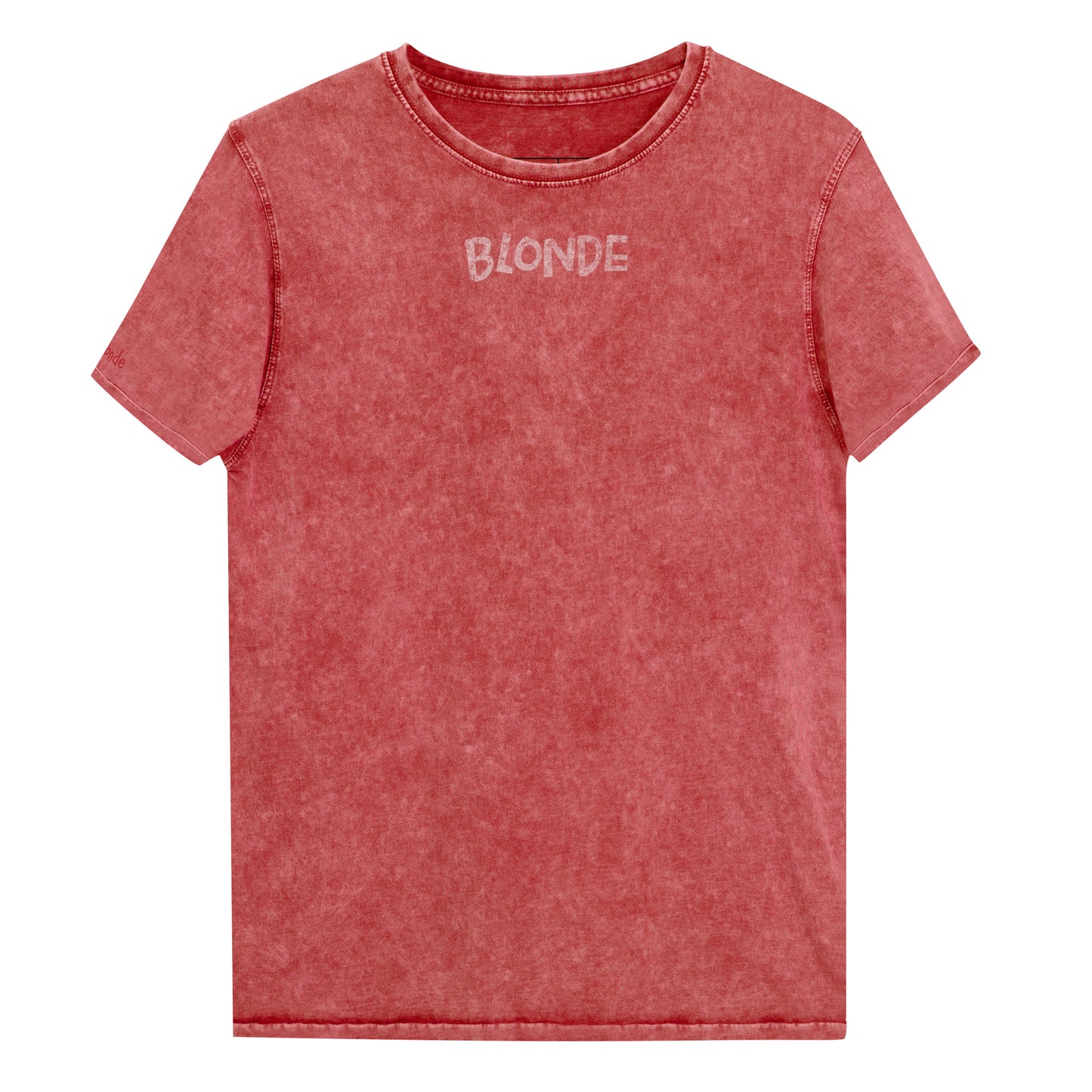 Red unisex t-shirt with a distressed vintage finish. The back features large faded text reading “Blonde Love Empathy”