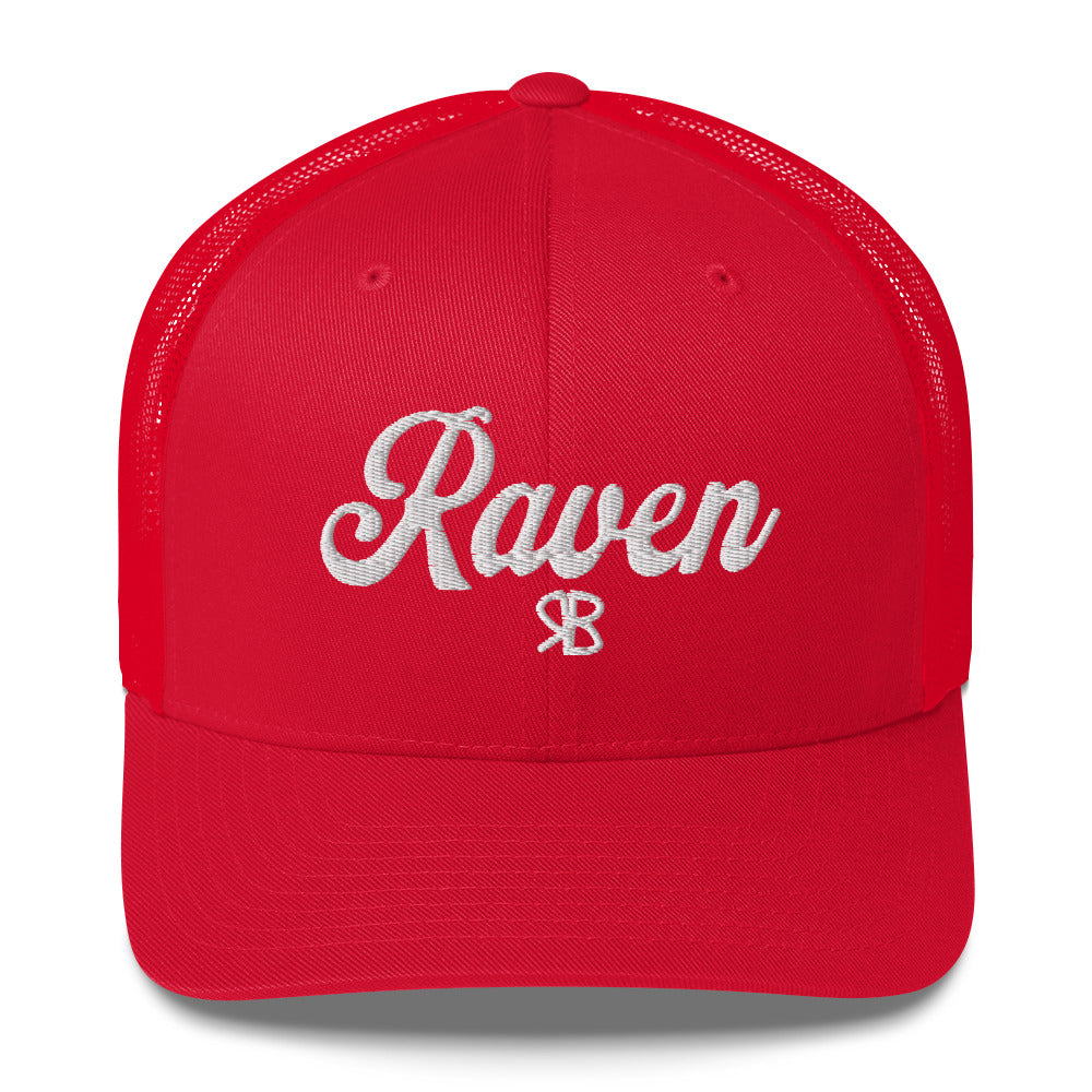 Red/white trucker cap with 'Raven' in white adventurer 01 font on front. Branded RB