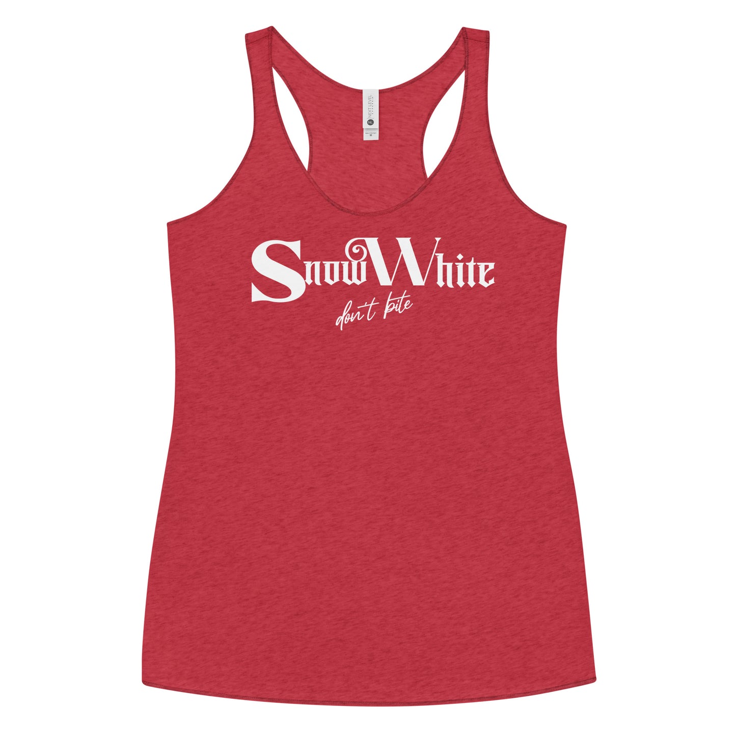 Red women’s racerback tank top featuring white Angel Rhapsody gothic-inspired font that reads “Snow White” and the phrase “don’t bite” written underneath in a cursive script.